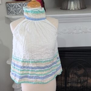 THML Halter Neck Blouse - White with Blue and Green Stripes